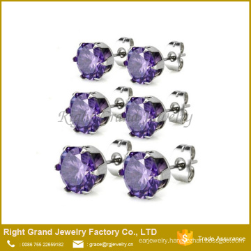 Stainless Steel Purple Round Shaped Cubic Zirconia Ear Studs